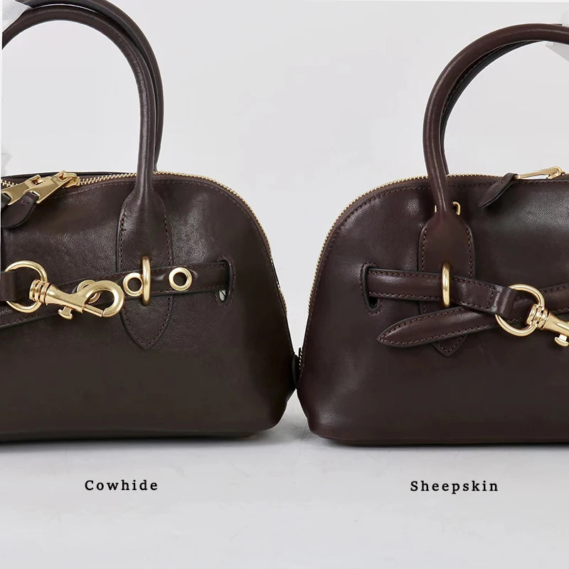 2025 Luxury Brand Genuine Leather Women Handbags Fashion Gold Buckle Shoulder Bags Women Spring Retro Sheepskin Boston Bags Lady