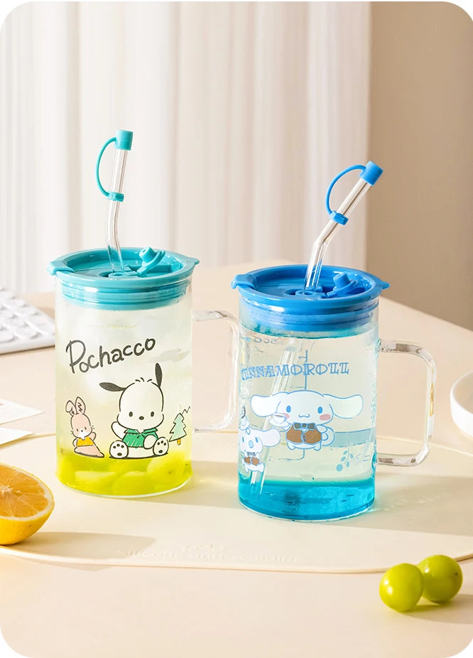 For Sanrio Collaboration Straw Glass Cup Transparent Coffee Mug Cartoon Print Water Cup with Scale＆Handle Home/Office Drinkware