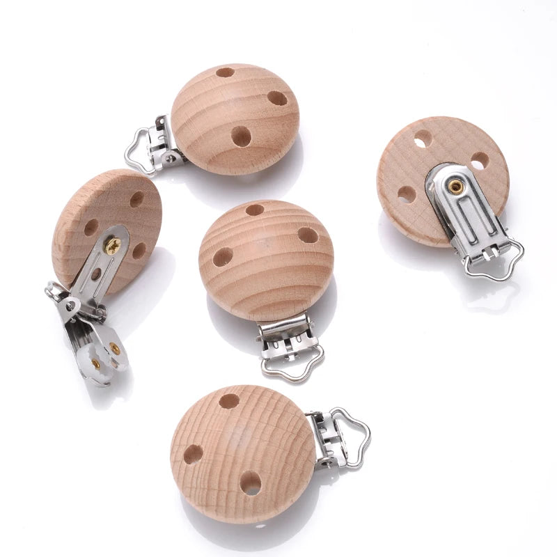 10Pcs Metal Wooden Dummy Nipples Holder Food Grade Chewable Teething Clips DIY Wood Beech Baby Pacifier Chain Nursing Teether