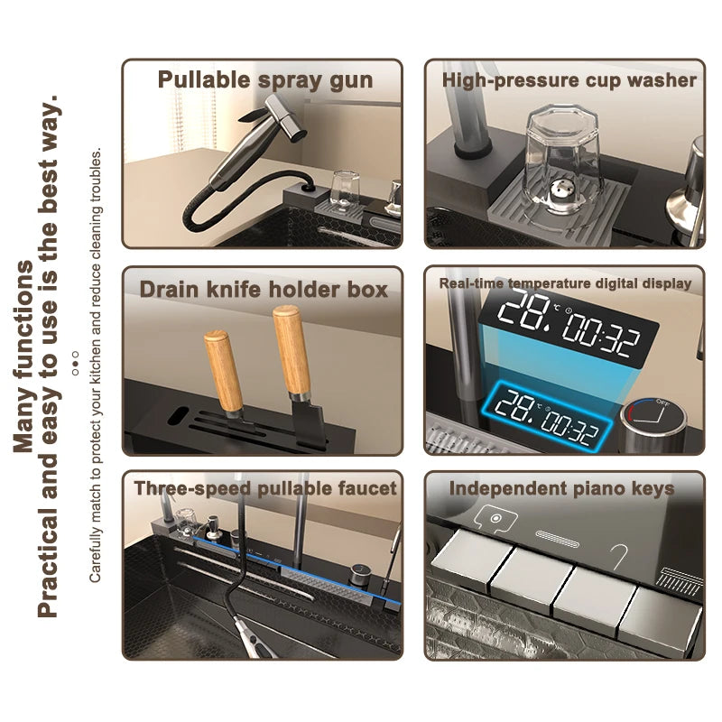Kitchen Sink Stainless Steel Waterfall Sinks Extra Large Single Slot with Digital Display Faucet Set For kitchen