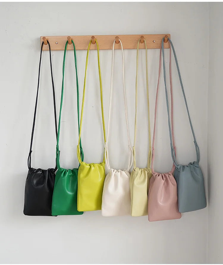 Casual Drawstring Bag Style Women Crossbody Bag Candy Color Lady Mini Bucket Bag for Mobile Phone Female Shoulder Purse Wallet
