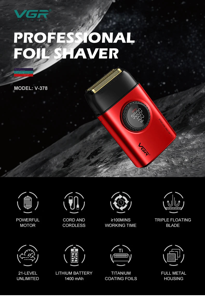 VGR high-end men's shaver alloy reciprocating three blade shaver LED intelligent digital display 9000 speed hair trimmer V-378