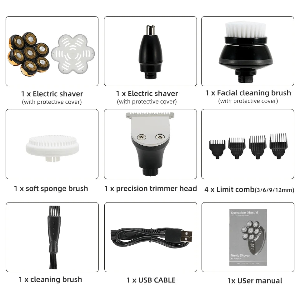 Men 7D Floating Men Electric Shaver Wet Dry Beard Hair Trimmer Electric Razor Rechargeable Bald Head Shaving Machine LCD Display