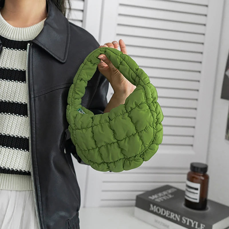 Candy bag Fashion Mini Puffer Tote Bag Quilted Circle Phone Purse  Elegant  Soft Nylon Padded Key Pouch Simple Trend Handbag