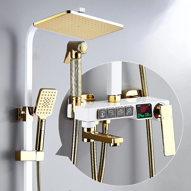 Thermostatic Digital Bathroom Shower Set Rainfall Shower Head Brass Bathroom Faucet Accessories Hot Cold Digital Shower System