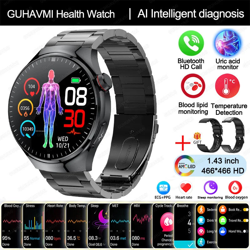2025 New Nursing Grade Smart Watch Blood oxygen Blood Lipid Uric Acid ECG+PPG Body Temperature Bluetooth Call Health Smartwatch
