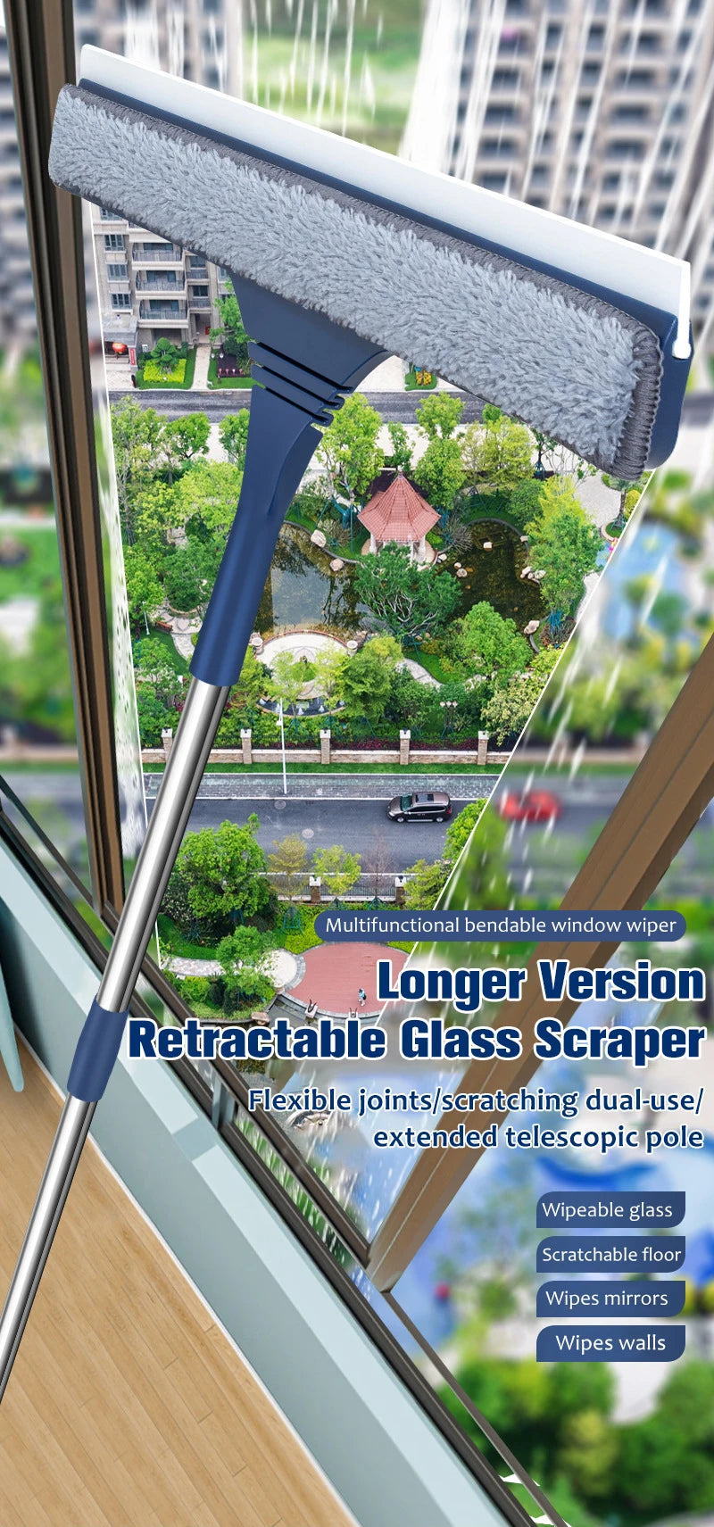 2 in 1 Window Mesh Screen Brush Window Cleaner Magic Broom Wiper Telescopic Long Handle Window Mop Squeegee Wiper Cleaning Tool