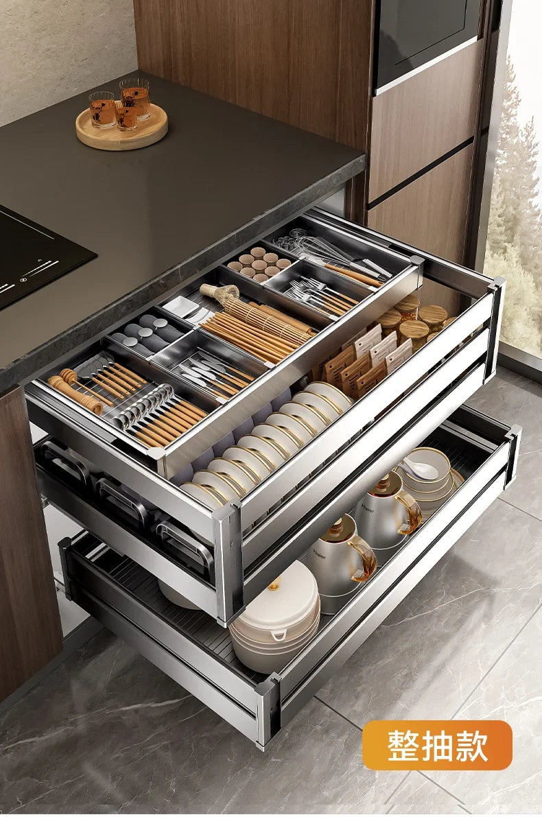 Kitchen Cabinets Dish Baskets Double Drawer Bowl Rack Seasoning Storage