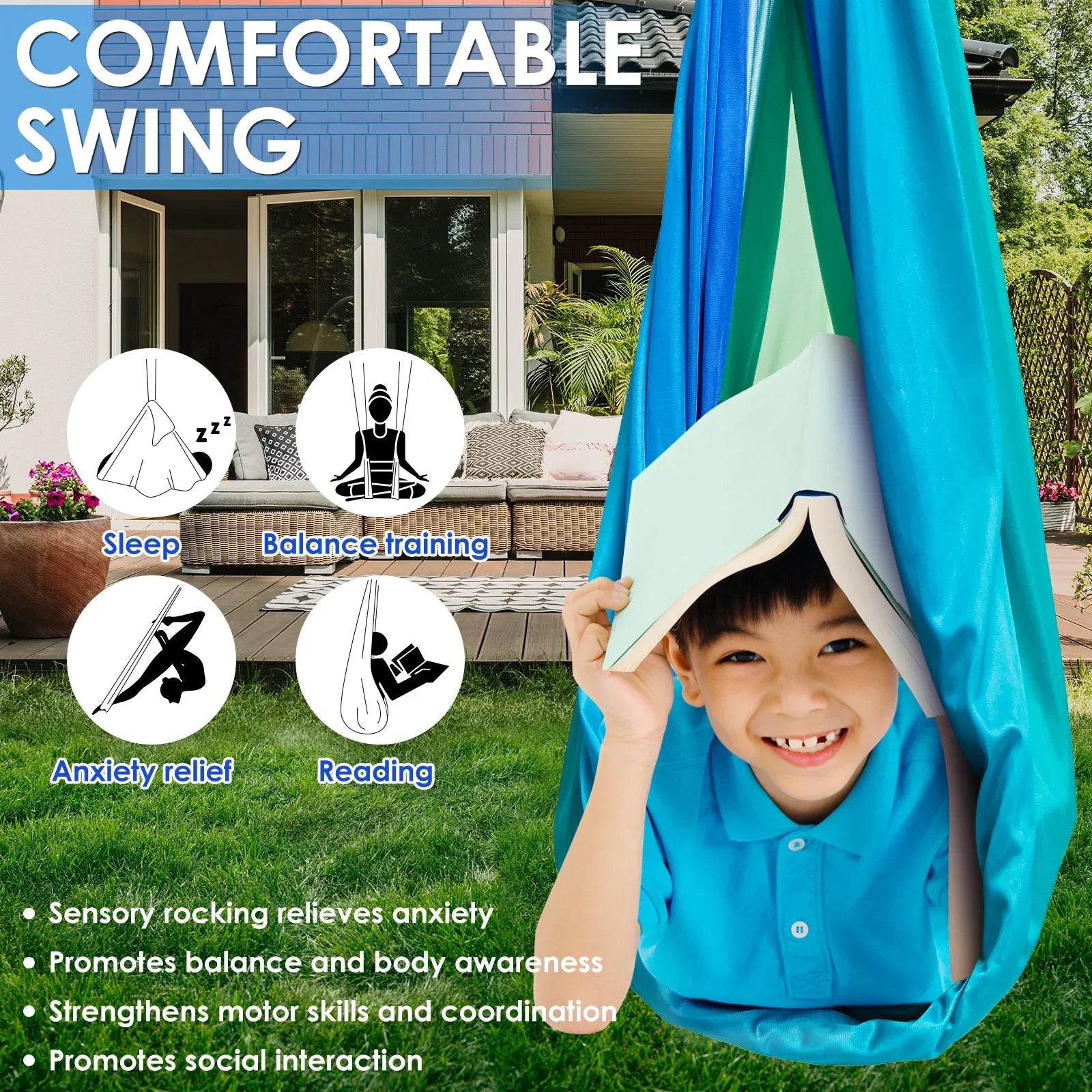 Sensory Swing Comfortable Kids Sensory Hammock Holds up to 200 lbs Indoor Cuddle Swing with 360° Swivel Hardware for Children