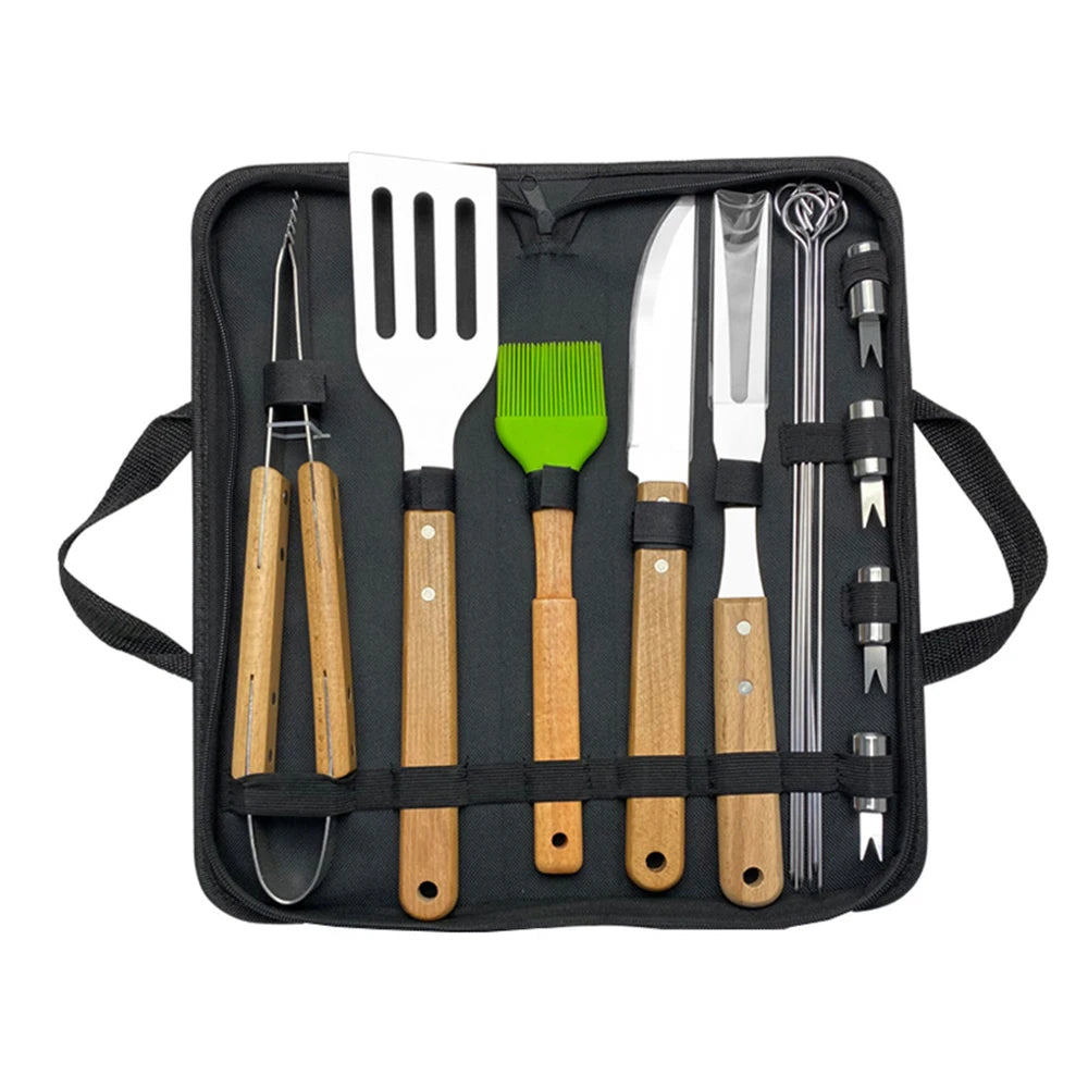 Outdoor camping barbecue tool combination wooden handle fork shovel clip BBQ accessories cloth bag stainless steel grill set