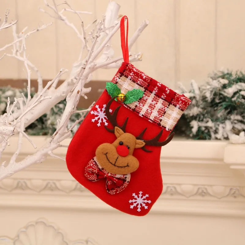 4PCS Red Christmas Stocking Brown Plaid Sock Mouth Santa Claus Snowman Reindeer Bear Doll Christmas Stocking New Year Home Decor