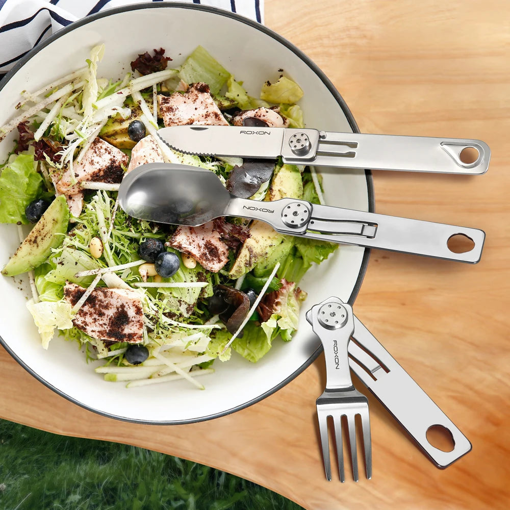 ROXON 3 IN 1 Camping Cutlery Set Knife Fork Spoon Stainless Steel Portable and Detachable