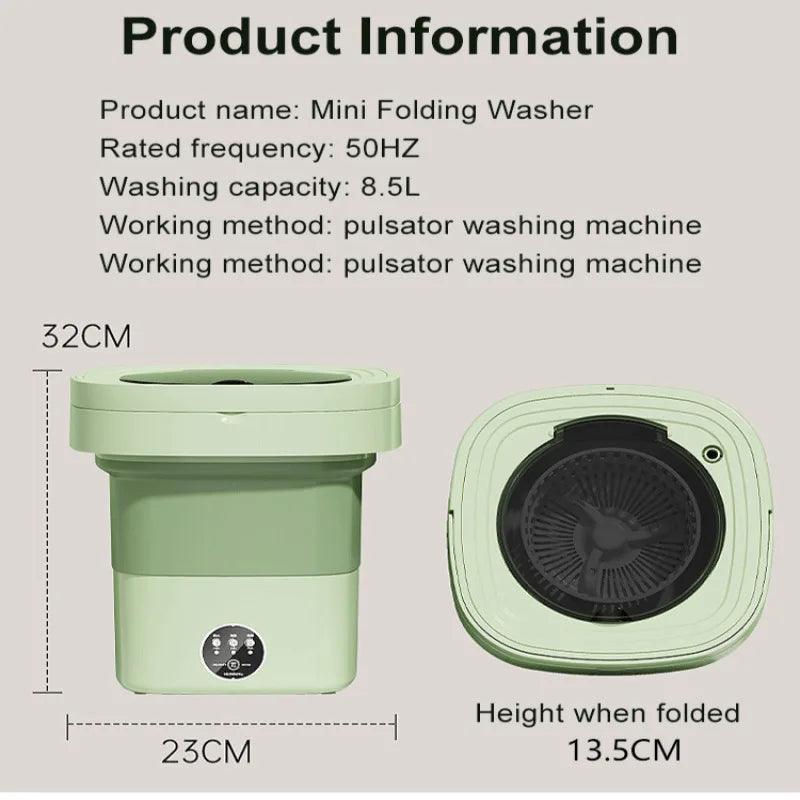 Folding Portable Washing Machine 8.5L Large Capacity Clothes Spin Dryer Bucket Travel Underwear Socks Ultrasonic Mini Washer