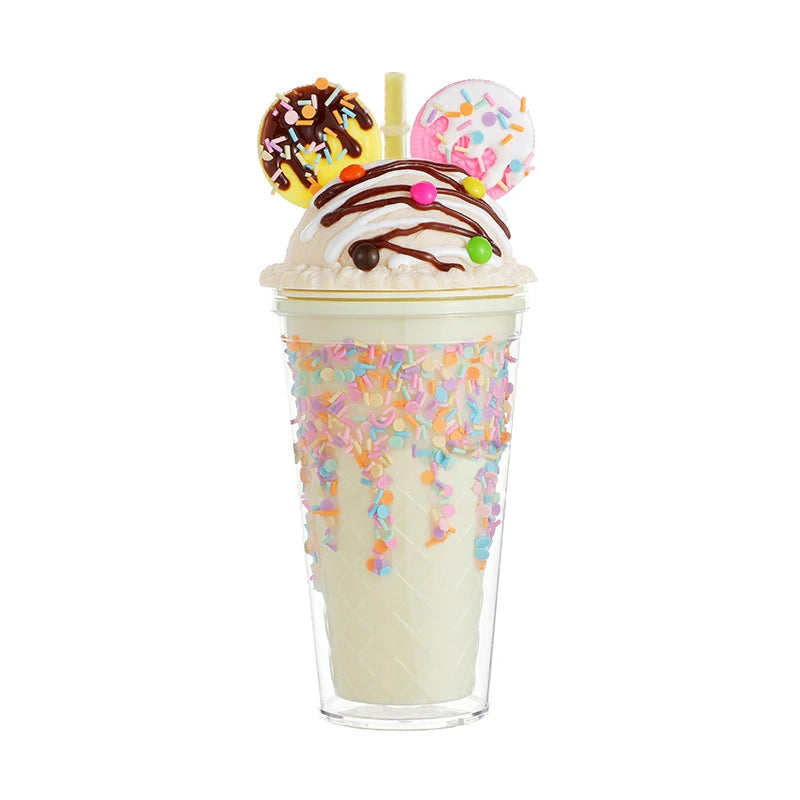 450ml Cute Straw Cup,Ice Cream Lids for Stanley Tumbler,Reusable Plastic Cups,Summer Drinkware Cold Brew,Girl Water Bottle Gift