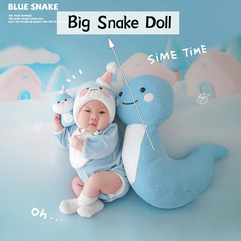 Baby Photography Clothes Cartoon Knitted Jumpsuit With Tail+Hat+Dolls 4pc/Set Newborn Costume Cute Snake Toy Pillow Accessories