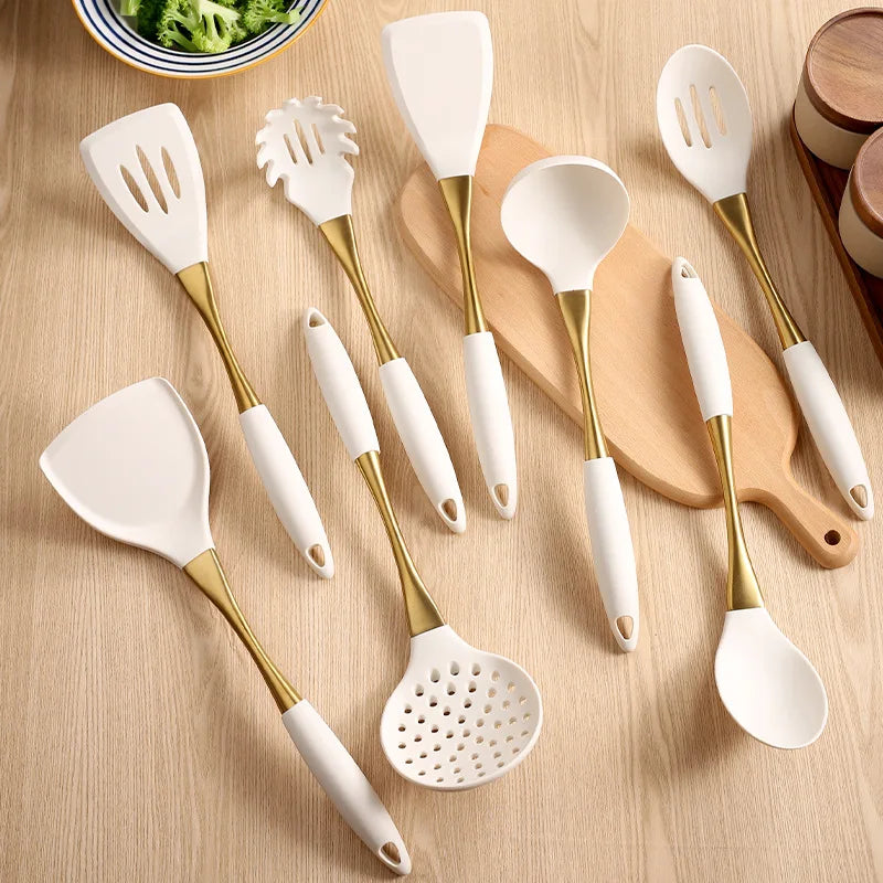 8-Piece Silicone Kitchen Utensil Set with Wooden Handles, Non-Scratch Spatula, Spoon, Tongs, Whisk & Brush for Cooking & Baking