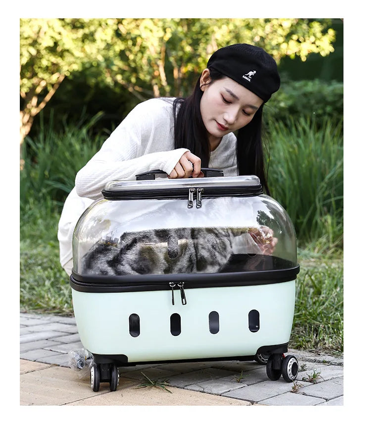 Fashion Transparent Cat Cage Large Capacity Pet Suitcase Breathable Cat Carriers Pull Rod/Handheld Dual Use Cat Transport Cart
