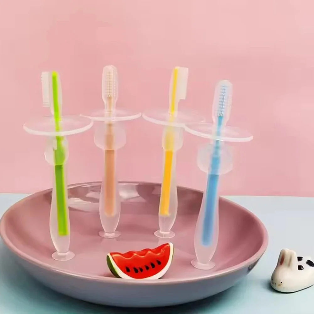 1PC 100% Food Grade Soft Handle Flexible Silicone Rubber Teether Infant Training Baby Toothbrush Factory Price