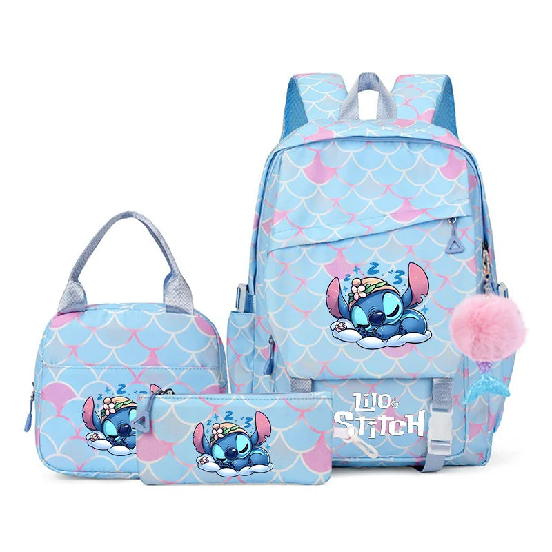 3Pcs Backpack Set Lilo Stitch Girl Kid Student Schoolbags Double Shoulder Bag Travel Pen Lunch Bag Kawaii Bookbag Laptop Bag Set