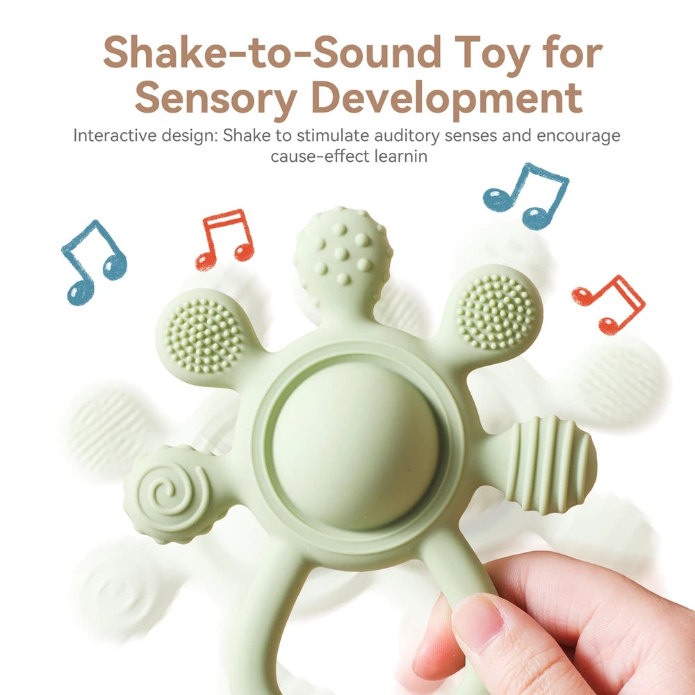 BPA Free Silicone Teether Food Grade Baby 0-12 Toys Teething Rattle Sensory Toys for Toddlers Silicone Hand Bell Soothing Toys