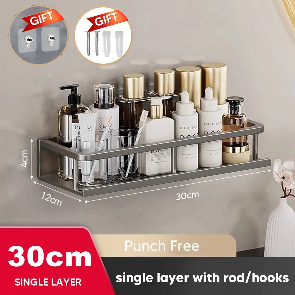 Aluminum Shower Organiser Bathroom Shelf Without Drilling Gray Wall Toilet Storage Shelf Shampoo Holder Bathroom Accessories