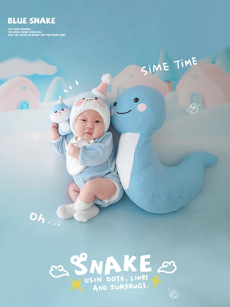 Baby Photography Clothes Cartoon Knitted Jumpsuit With Tail+Hat+Dolls 4pc/Set Newborn Costume Cute Snake Toy Pillow Accessories