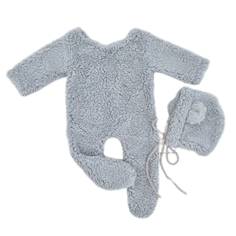 2Pcs Photography Props for Baby Boy Girls Unisex Jumpsuit Bear Ear Hat Footed Romper Newborn Photoshooting Accessories