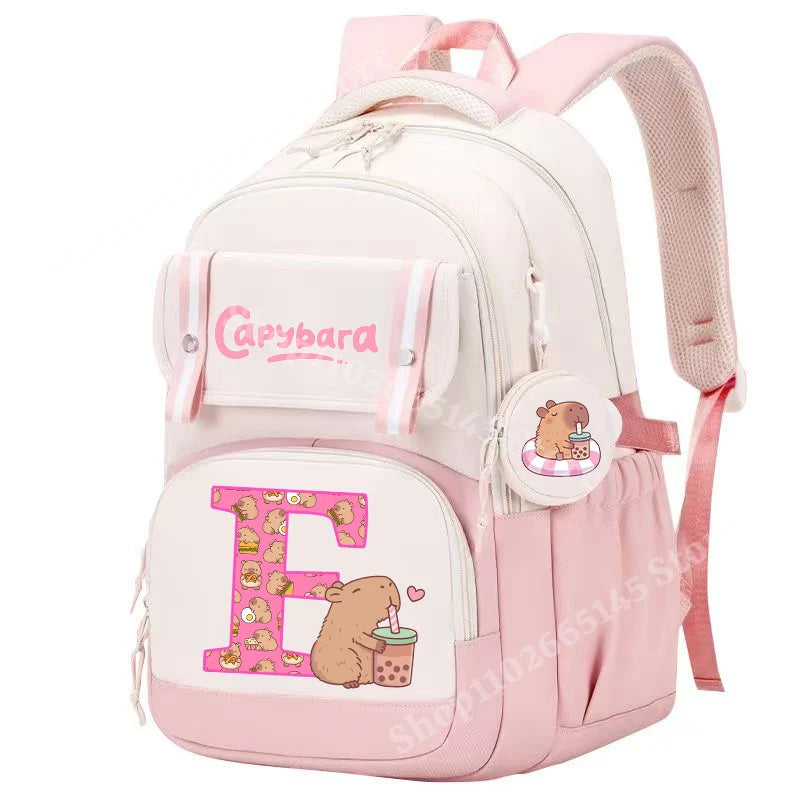 Capibara Cute Backpack Girl Anime Capybara Letter A-Z School Bags Kids Outdoor Sport Shoulders Bag Travel Rucksack Children Gift