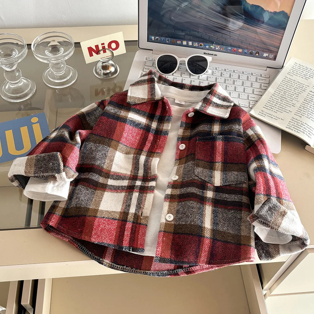 2025 New Autumn Kids Plaid Shirt Long Sleeve Retro Lapel Cardigan Jacket Casual Tops Fashion Outerwear for Boys and Girls