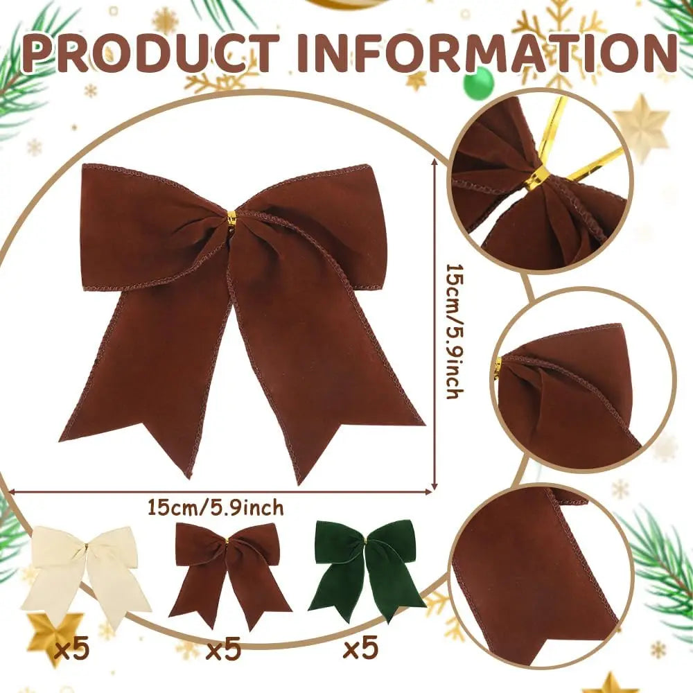 5PCS Christmas Velvet Bows 6 Inch Rustic Wreath Bows Vintage Xmas Ribbon Bow Holiday Ornaments  Christmas Tree Garland DIY Craft