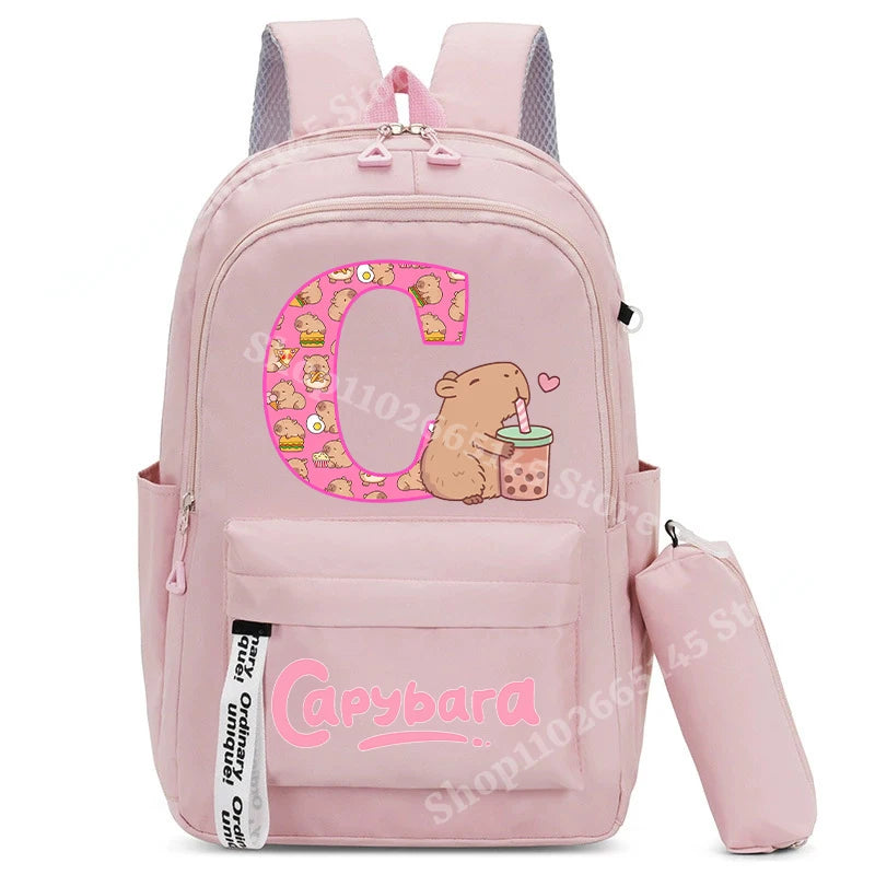 Cute Capibara Kids Backpack with Pencil Case Capybara Kawaii Girls School Bag Stationery Pouch Children Letter A-Z Rucksack Gift