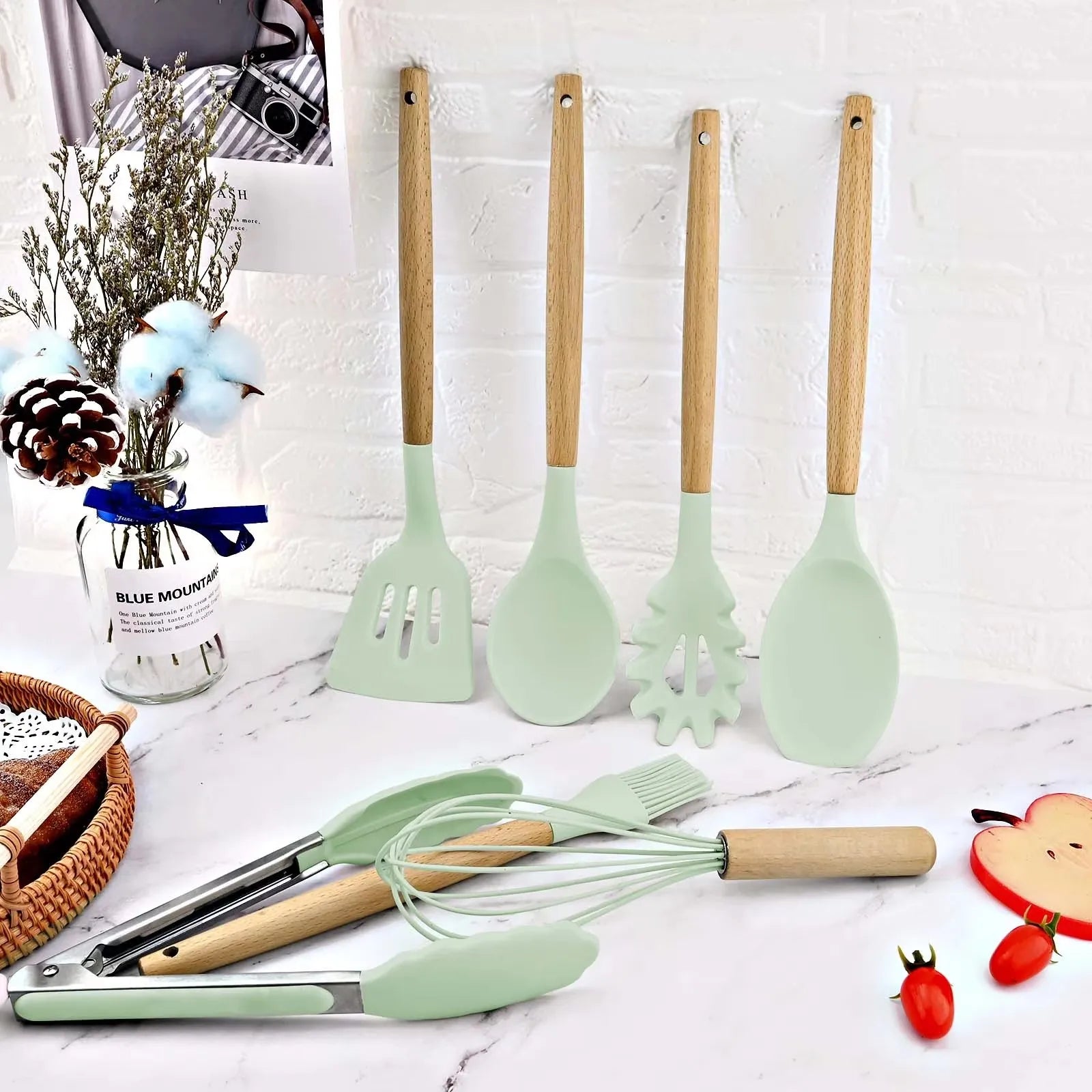 12pcs/set, Silicone Cooking Utensils Set With Wooden Handle, Colorful Non-stick Pot Special Cooking Tools Set, Heat Resistant