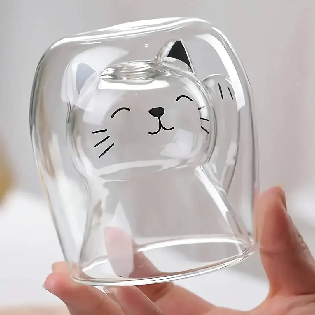 Creative Cute Cat Double-layer Coffee Mug Cartoon Couple Teacup Insulated Glass Mugs With Handle Household Office Drinkware