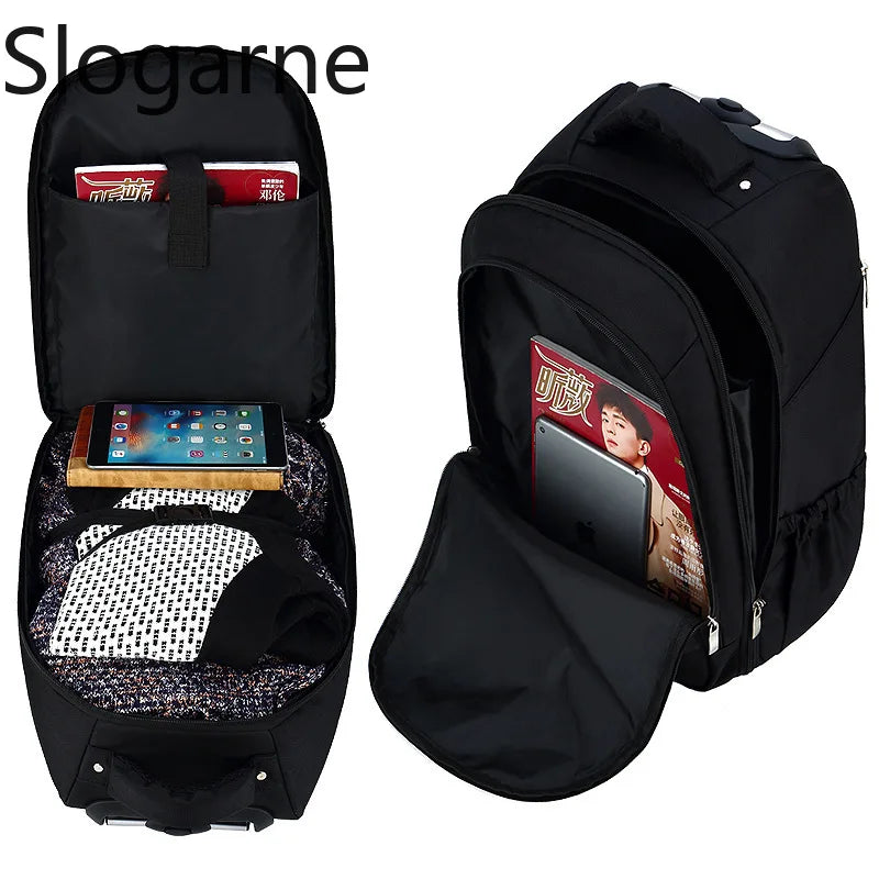 Men Trolley Backpack Shoulders Travel Bag with Wheels 24 Inch Students Rolling Luggage Business Trolley Large Capacity Suitcases