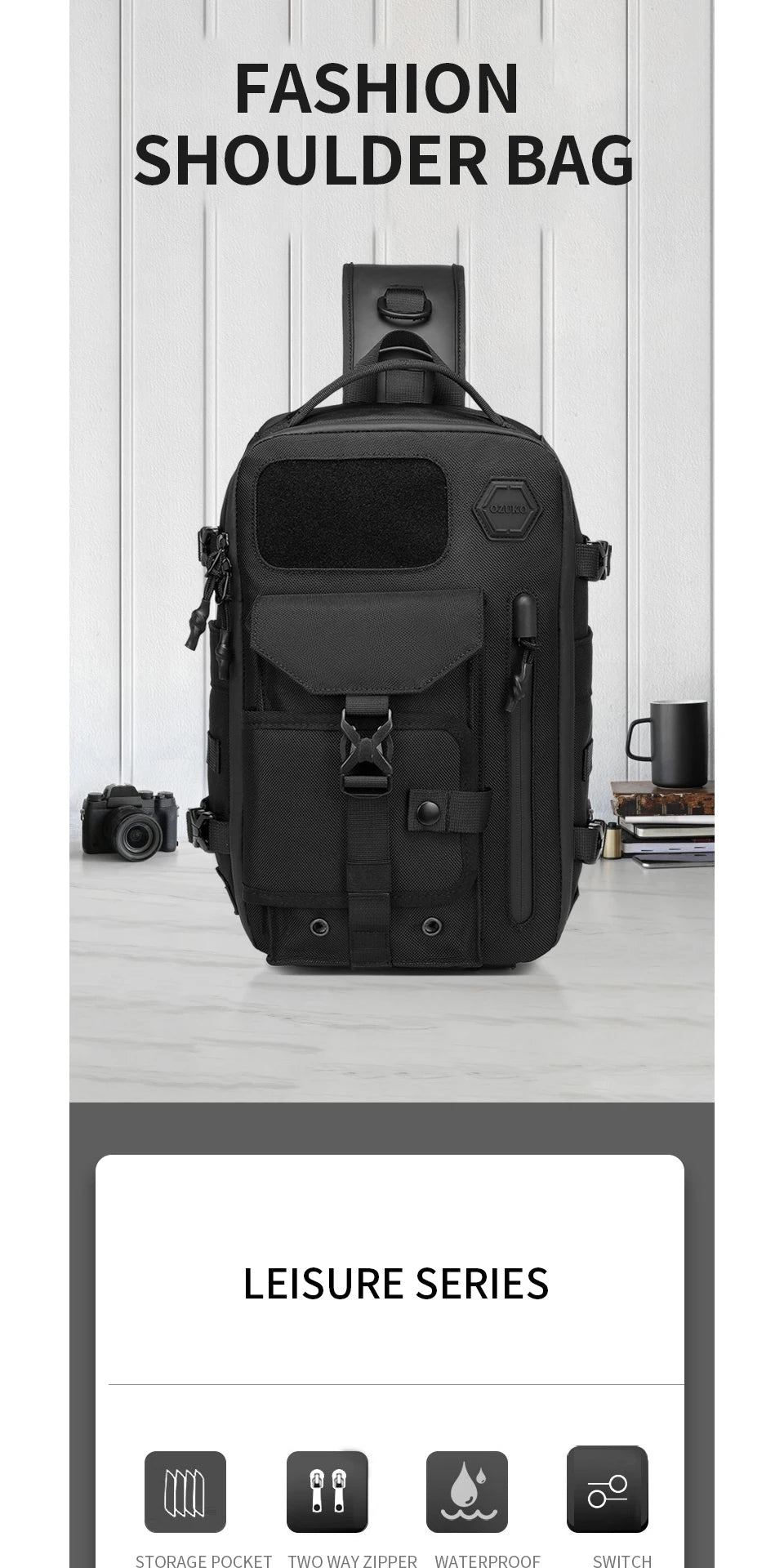 OZUKO Large Capacity Shoulder Bags for Male Waterproof Chest Bag Tactical Sling Messenger Bags Men Outdoor Sports Crossbody Bag