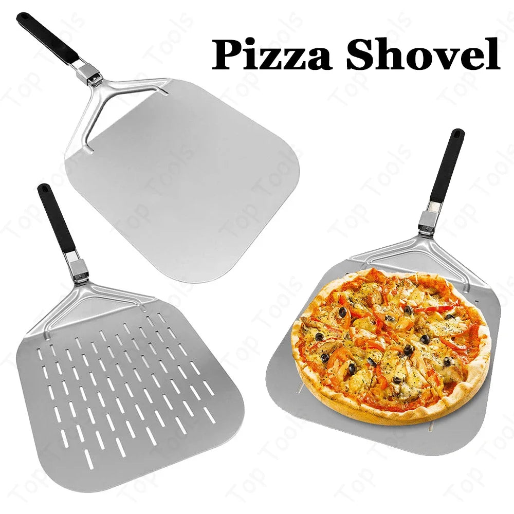 Pizza Shovel Perforated/Smooth Shovel Paddle Pizza Oven Turning Peel Stainless Steel Baking Kitchen Tool Spatula Foldable Handle