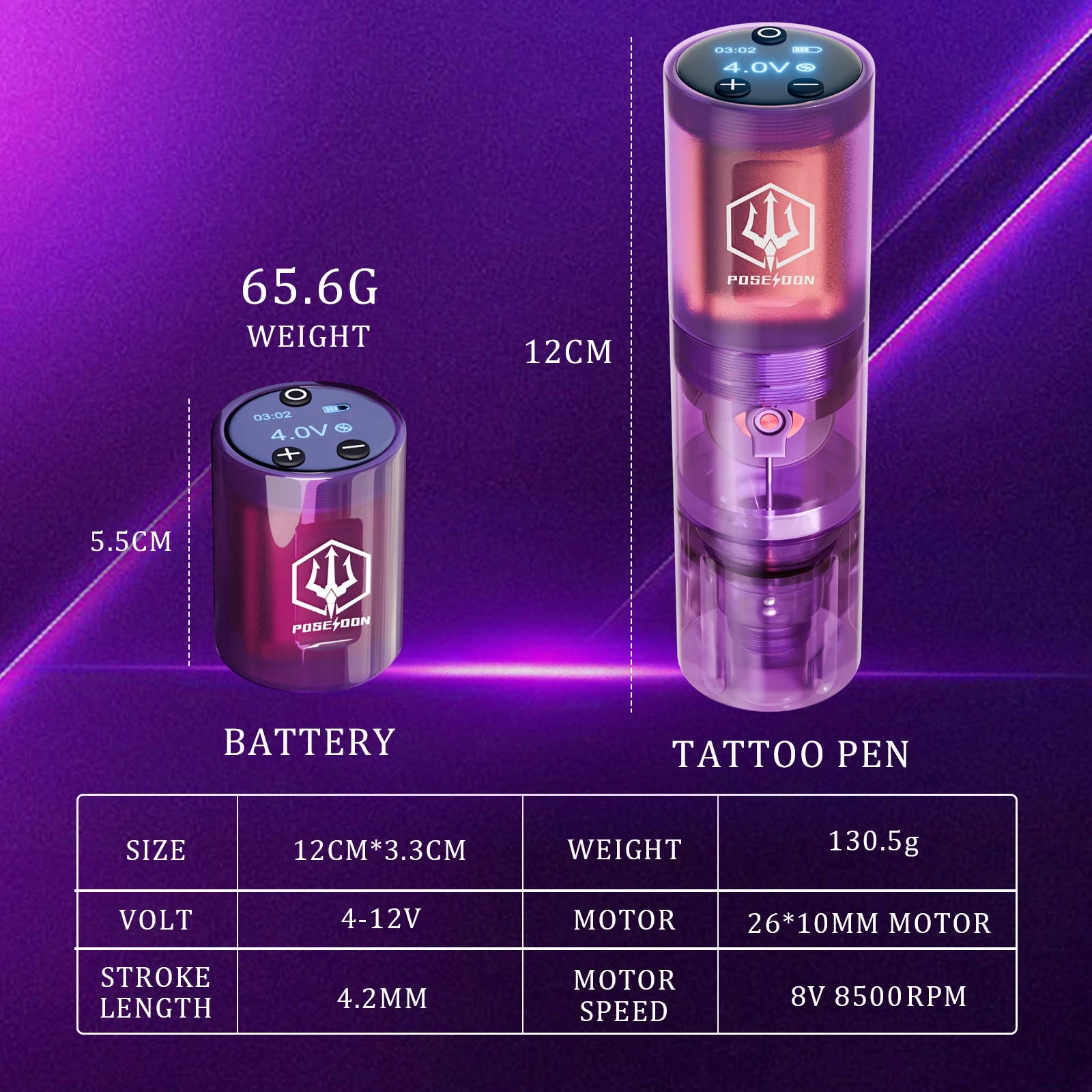 Tattoo Kit POSEIDON High Power Tattoo Pen Kit For Permanent Makeup Tattoo Machine Kit Hot Purple Tattoo Power Supply Tattoo Gun