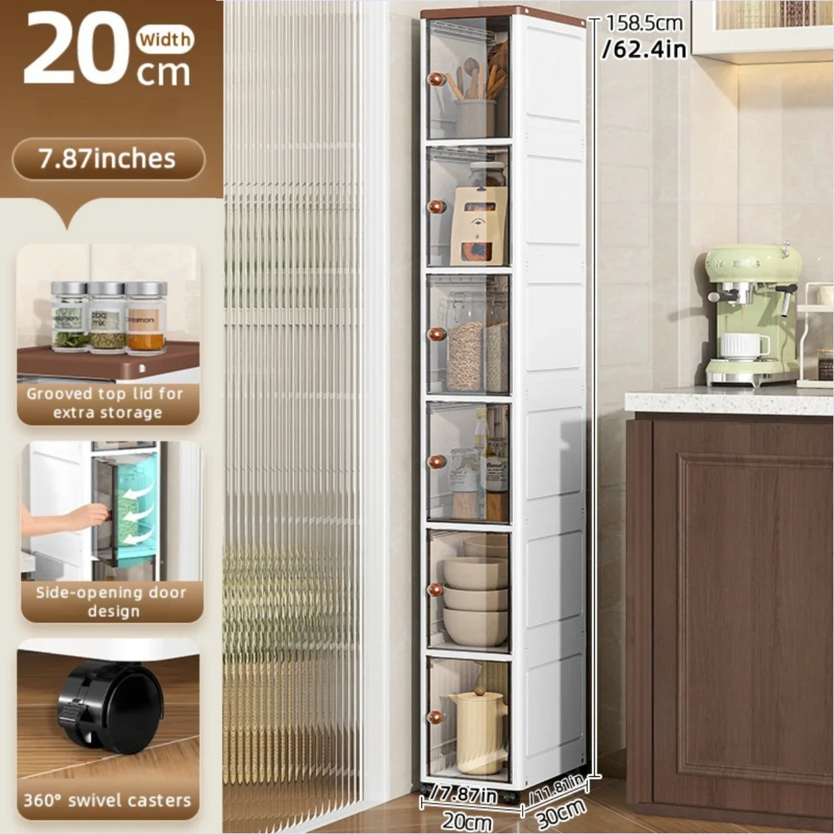 The transparent storage cabinet with wheels in the gap saves space in the kitchen and living room for storing snacks