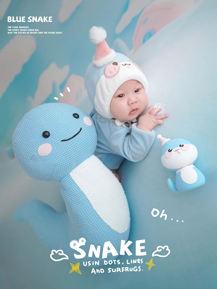 Baby Photography Clothes Cartoon Knitted Jumpsuit With Tail+Hat+Dolls 4pc/Set Newborn Costume Cute Snake Toy Pillow Accessories