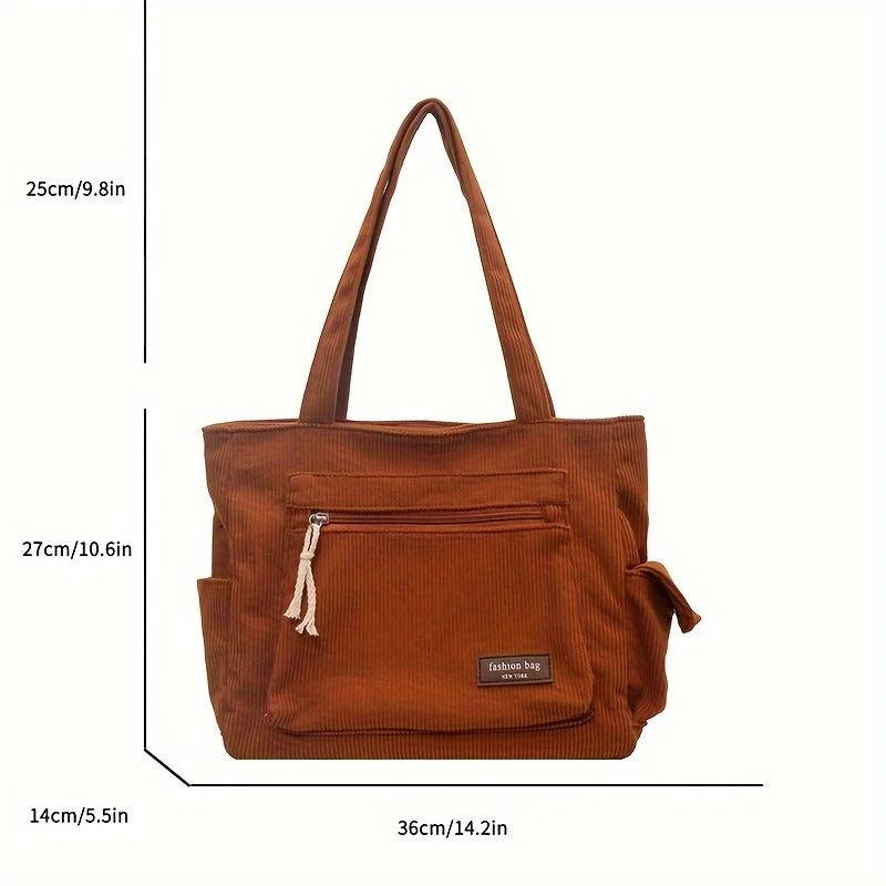 Simple Corduroy Tote Bag, Solid Color Shoulder Bag, Retro Multi Pockets Handbag For School Work Shopping