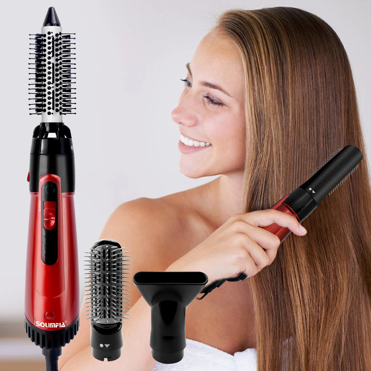 Solimpia 3-Head Hot Air Brush Hair Dryer Strong Wind Electric Straightener Curler Roller Comb Blower Styling Tool for Woman 800W