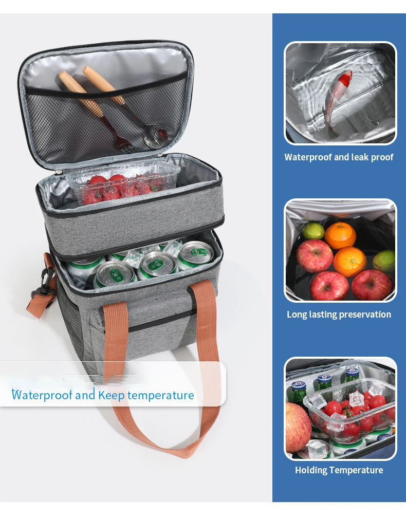 1PC Large Capacity Lunch Bag Double Layers Thermal Insulation Picnic Bag Food Drink Storage Tote With Shoulder Strap Cooler Bags