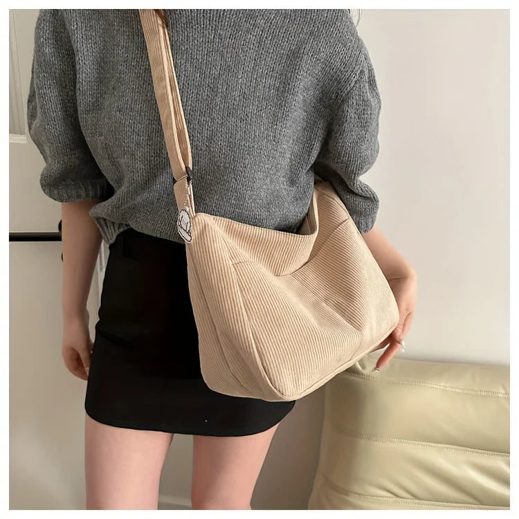 Women’s Corduroy Shoulder Bag Casual Striped Large Capacity Tote with Zipper Closure, Cute Hat Patch, Perfect for Everyday Use