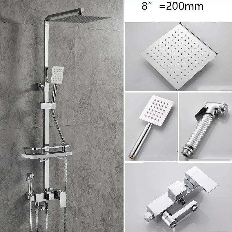 KEMAIDI Rainfall Bathroom Shower Faucet Set With Rack Shelf Bathtub Mixer Tap Black Wall Mounted Brass Bath Cabin System