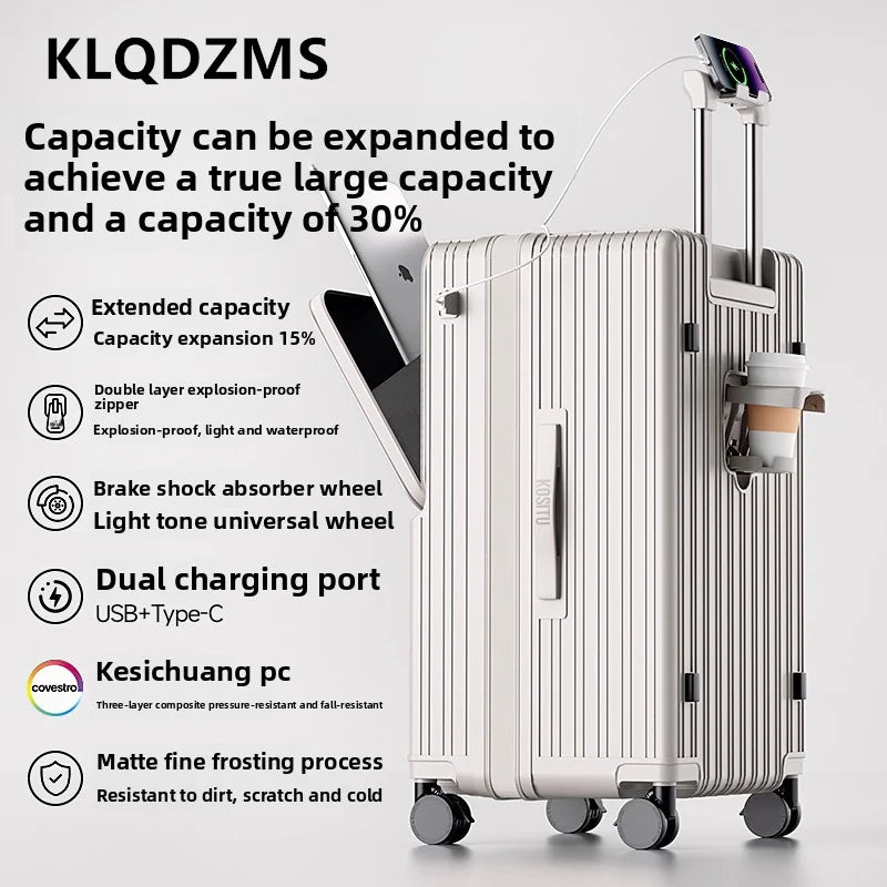 KLQDZMS Cabin Suitcase 20"22"24"26"28"30 Inch Large Capacity Trolley Case USB Charging Boarding Box Front Opening Luggage