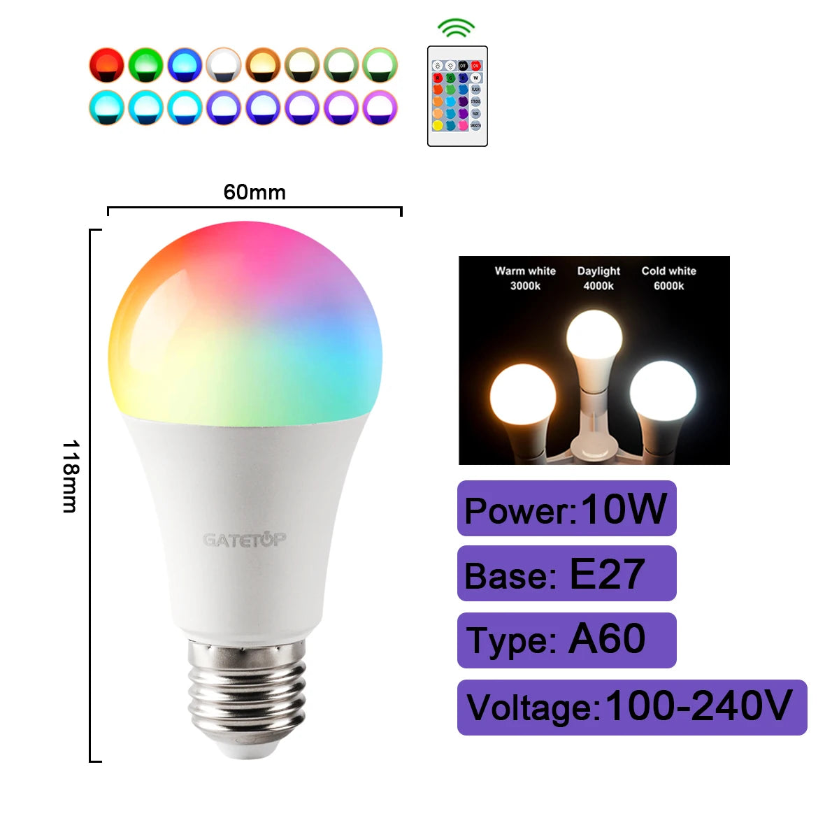 1-10PCS Smart RGBW LED Bulb Spotlight E27 E14 B22 GU10 with Infrared Remote Control Suitable for Colorful Home Lighting