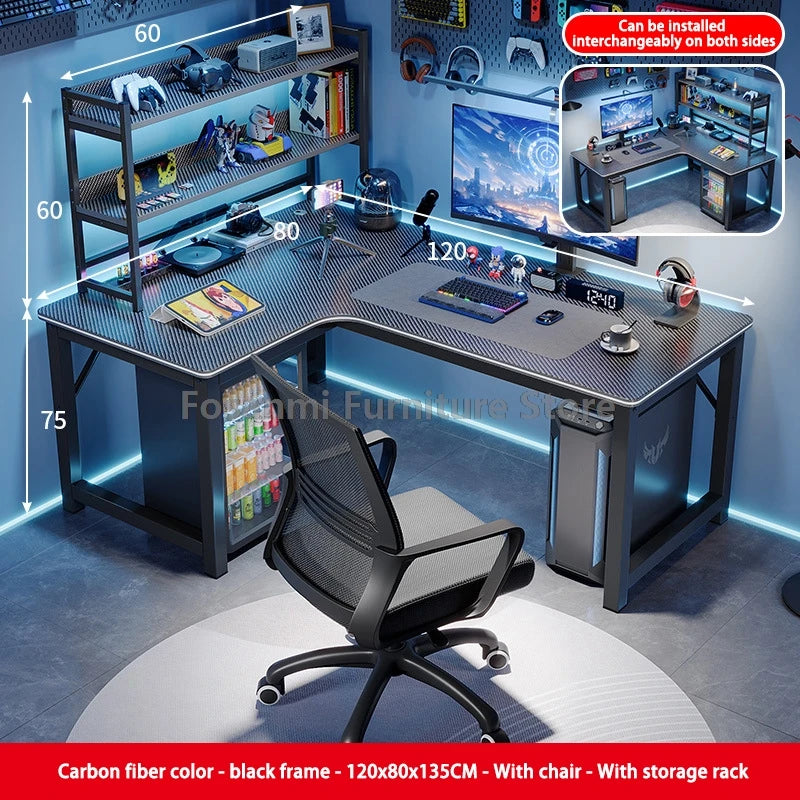 Modern L-Shaped Gaming Work Desk Chair Set Corner PC Table for Room Home Office Computer Desk and Chair Set Furniture with Shelf