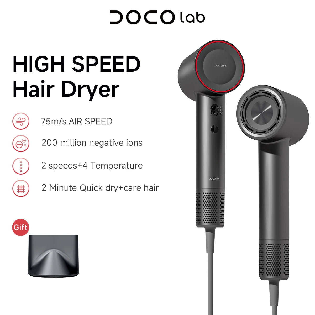 DOCO Hair Dryer High Speed 75m/s 200 million Negative Ions Hair Care 110000 Rpm Professional Lightweight Home Travel Gift