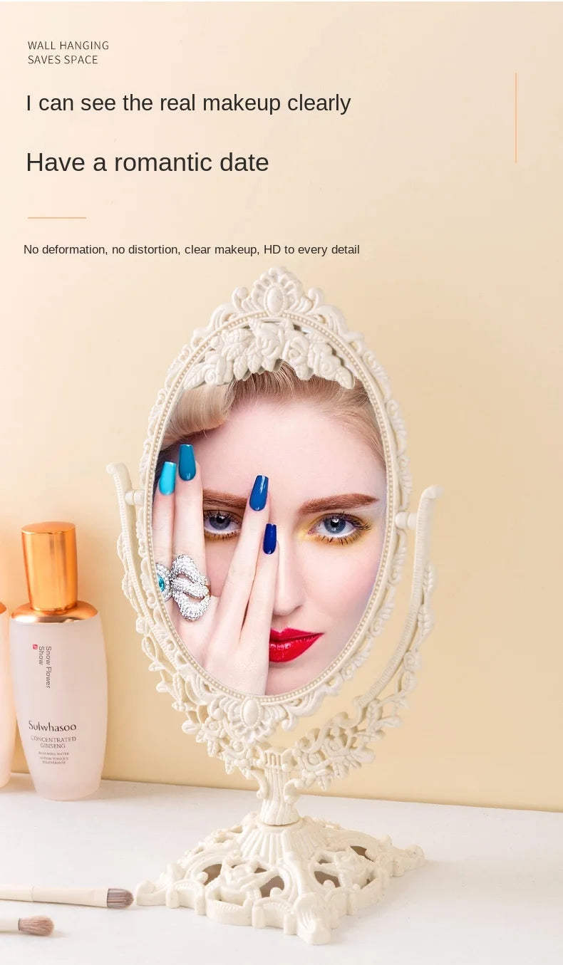 Retro palace style tabletop, rotatable tabletop, household standing makeup mirror, dormitory, student makeup mirror, girl