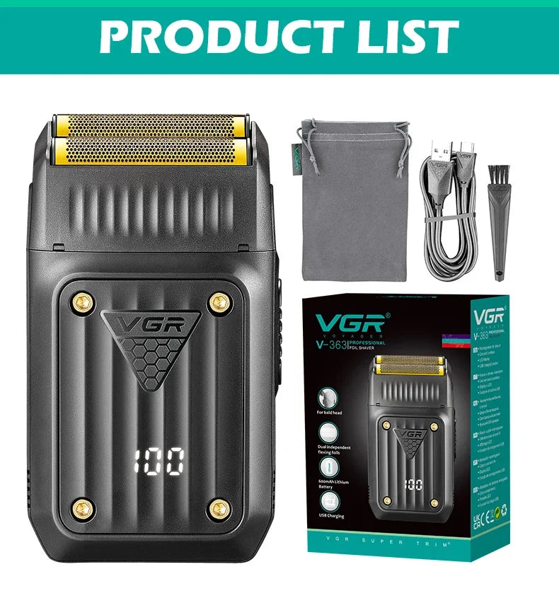 VGR Shaver Professional Razor Electric Shaver Portable Shaving Machine Rechargeable Reciprocating Razor LED Shaver for Men V-363